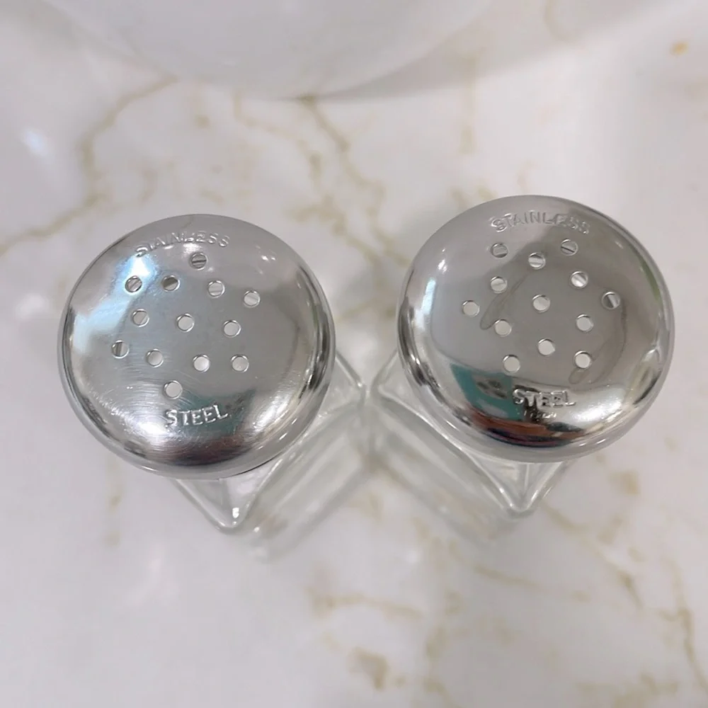 BN NOPRO 3oz CLASSIC RETRO GLASS SALT & PEPPER SHAKERS WITH STAINLESS ST…